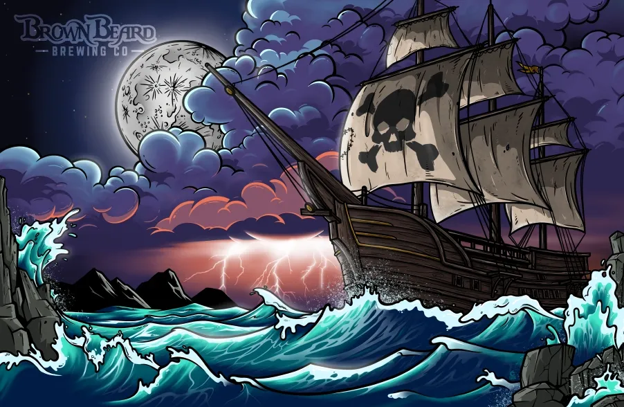 Pirate ship mural inside Brown Beard Brewing